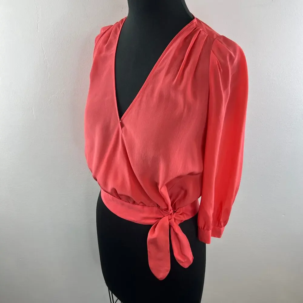MADEWELL Orange Cropped Wrap Top Silk Pleated Surplice Neck Puff Sleeve Size 2XS